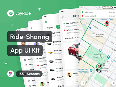 JoyRide - Ride-Sharing App UI Kit app app design application car booking carpooling design design system interface mobile portfolio ride hailing ride sharing rideshare taxi booking template travel ui ui design ui kit uiux