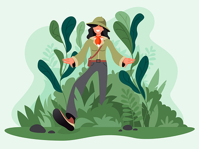Seeking the Path adventure character dribbble ecommerce explorer fire girl graphic design guide hud illustration jungle landig page landscape path plants sell ui vector woman