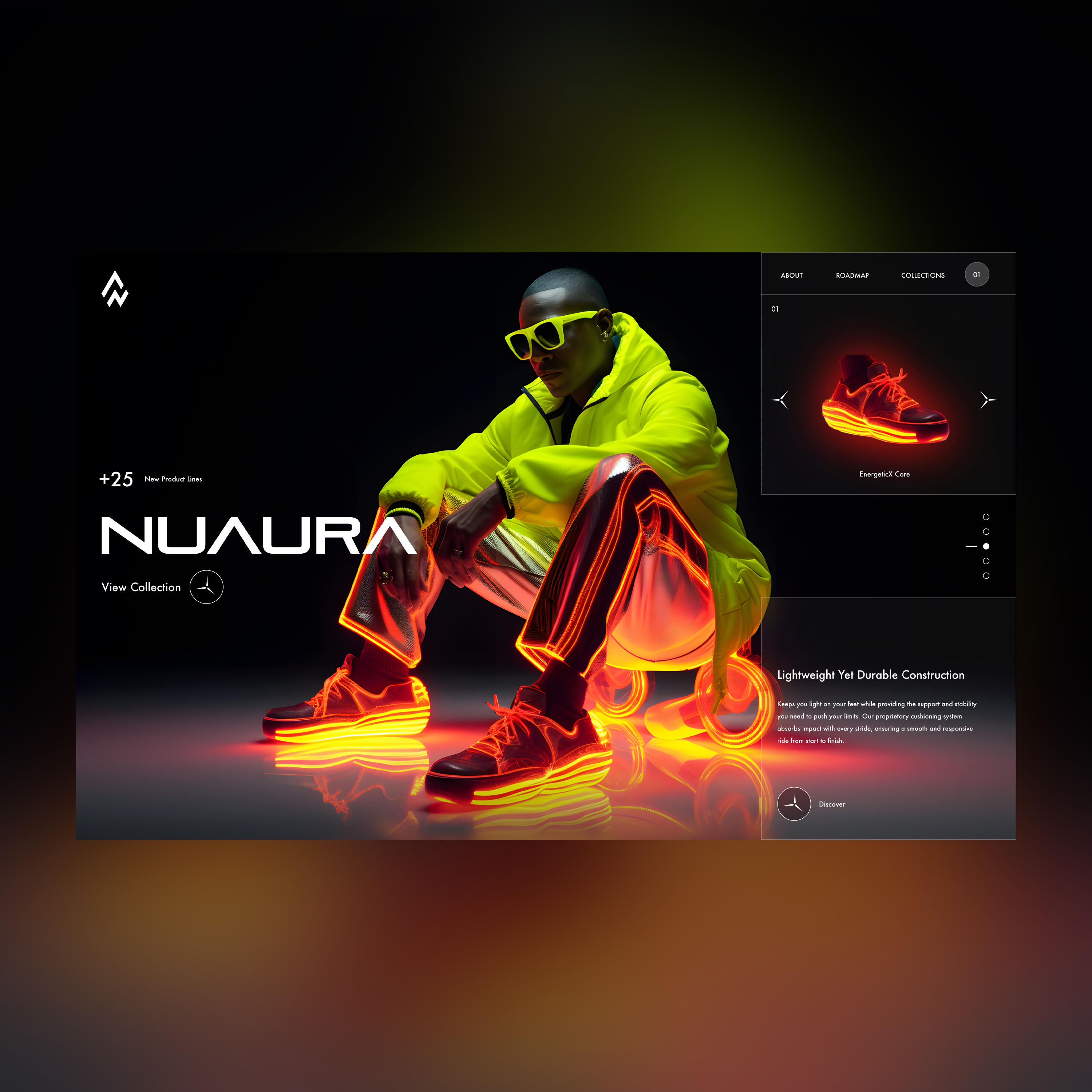 NuAura Sneakers Web Ui Landing Shot branding design fashion graphic design illustration metaverse nft photography sneakers techwear ui ui design ux ux design web design