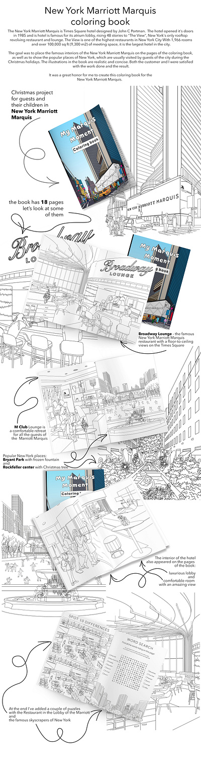 Coloring book for the New York Marriott Marquis adobe illustrator adobe photoshop black and white branding coloring book hand drawn illustration line illustration puzzle