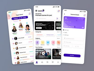 Educational mobile app UI UX Design (LearnUp) Online Classes app app application branding class course design education exam examination graphic design home screen mobile online payment profile school screen solution ui ux