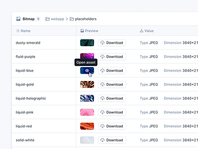 Specify · Table Updates bitmap breadcrumbs clean column data download icons interaction placeholder product row saas table tokens ui