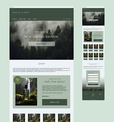 Rêve de la Forêt perfumes landing page animal friendly branding design eco figma forest fresh green landing page limited edition nature perfumes pine prototype scent trees ui vegan webdesign
