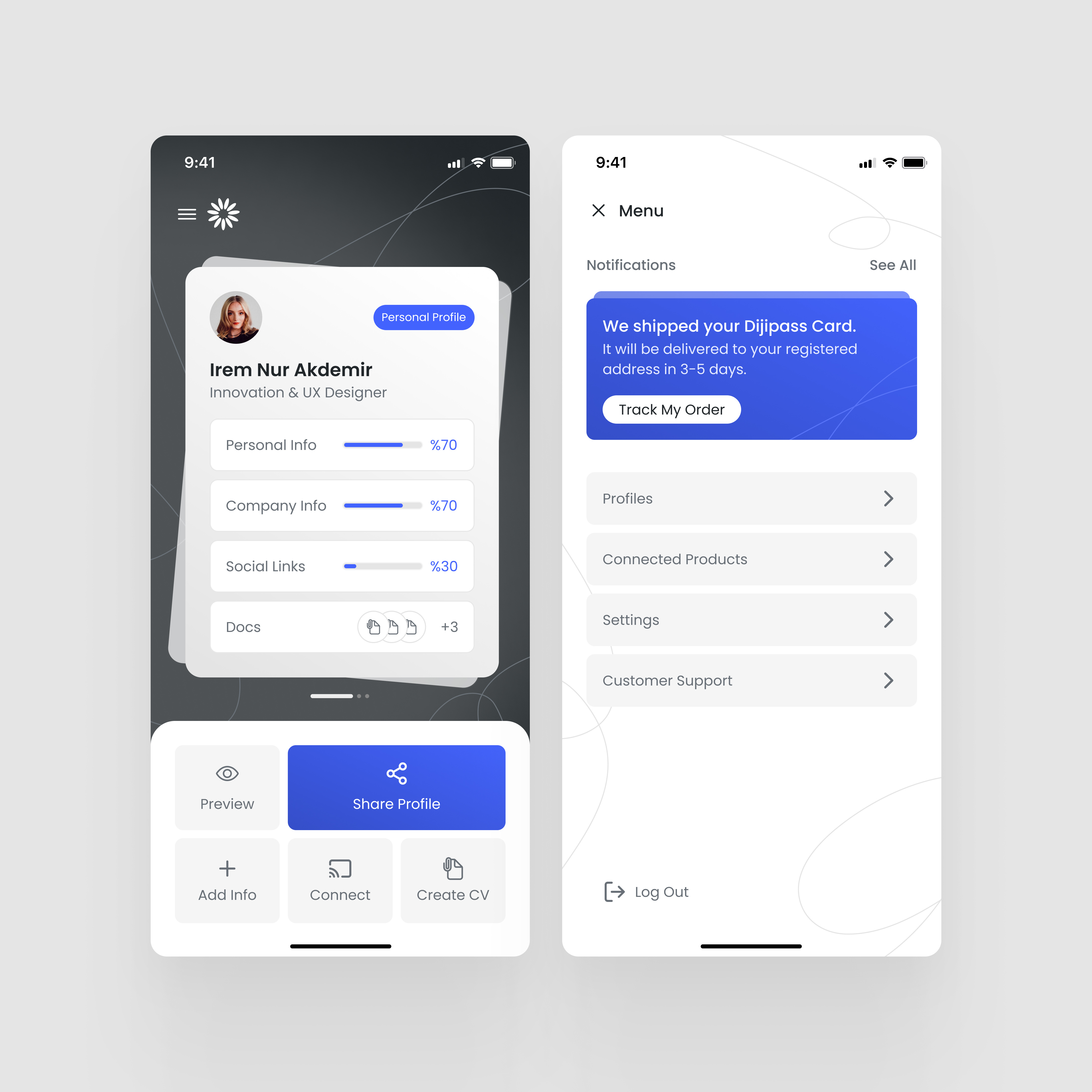 Digital Business ID app design business client work daily ui digital business id id identification menu network networking notification product design profile redesign resume resume builder saas product share ui ui design