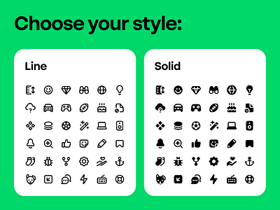 Choose your icon style bold cute fresh friendly fun glyphs green grid icon family icon set icons line logo overview round solid style