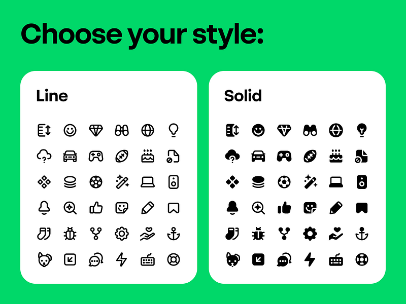 Choose your icon style bold cute fresh friendly fun glyphs green grid icon family icon set icons line logo overview round solid style