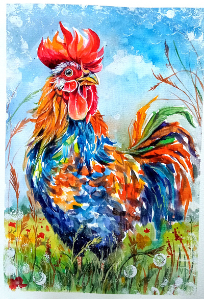 Bird Rooster Watercolor Painting: Colorful original Art Ukraine art bird hand painted handmade nature paint painting rooster ukraine watercolor