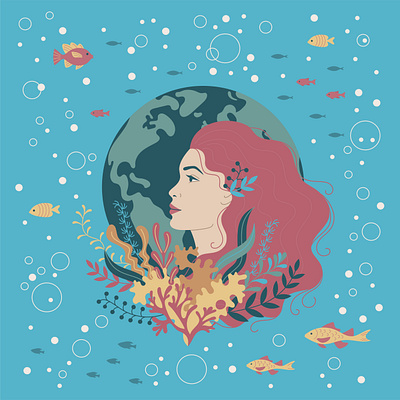 Below the water. 2d animation character eco fish flat art freelance freelancer girl graphic design green illustration illustrator ocean planet earth profile underwater vector water woman