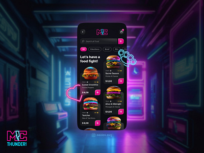 90-Day UI Design Challenge: Day 48 app design branding cyberpunk delivery app design design challenge electric callboy food food app illustration neon pink and teal restaurant ui ui design ui designer ui inspiration uiux uxui