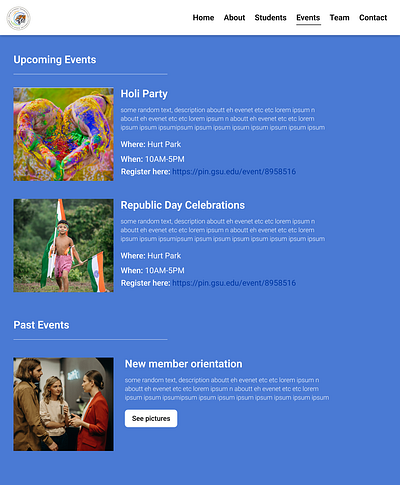 Events page of Indian Student organization at Georgia State