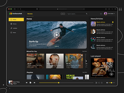 Our Dance Hall User Interface app black branding dark dark mode design figma game illustration logo movies music stream streaming ui user interface ux