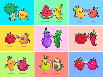 Fruit and Vegetables Friend🥦🍌 avocado broccoli chilli couple cucumber cute dragon fruit fresh friend frienship fruits healthy icon illustration lemon logo organic pumpkin vegetables