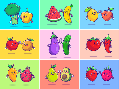 Fruit and Vegetables Friend🥦🍌 avocado broccoli chilli couple cucumber cute dragon fruit fresh friend frienship fruits healthy icon illustration lemon logo organic pumpkin vegetables