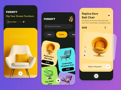 Furnify - Furniture Shop Mobile App Design 🪑 app app design chair clean design e commerce furniture furniture app furniture mobile app futuristic home design minimal mobile app mobile ui modern online shop product design shop table ui ux