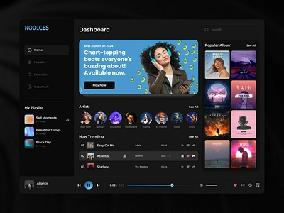 NOOICES - Music Player ~ Web App app art branding design graphic design health illustration logo ui ui design uiux uix ux ux design uxui vector web app