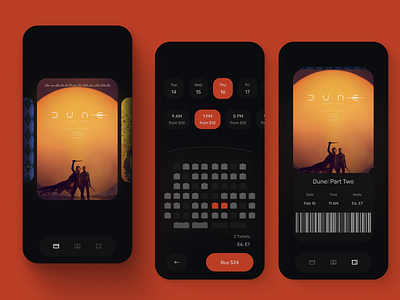 Cinema App cinema clean dark dark theme minimal minimalistic mobile mobile app movie product design tickets ui ux