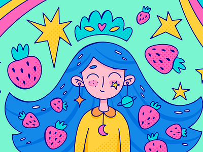 Illustration for strawberry ice cream packaging. Doodle style art artist berry character childish concept design doodle female feminine funny girl ice cream illustration package packaging smile stars strawberry woman