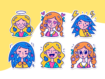 Stickers for telegram. Funny girls. Characters in doodle style. art artist branding character collection concept design doodle funny girl illustration pack smile sticker style telegram woman