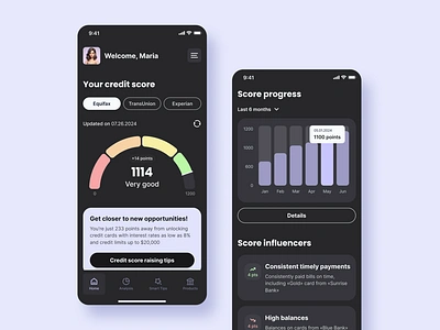 Credit Score Monitor Mobile App banking charts credit health credit inquiries credit score creditinsights creditmonitoring dark mode datavisualization debtmanagement finance financialwellness fintech flat mobile mobileapp personalfinance securebanking ui ux