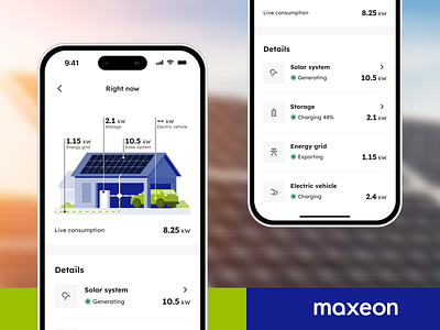 Maxeon | Native App battery blue car cards charger energy green home icon maxeon pv renewable roof solar status sun sunpower one system technology values