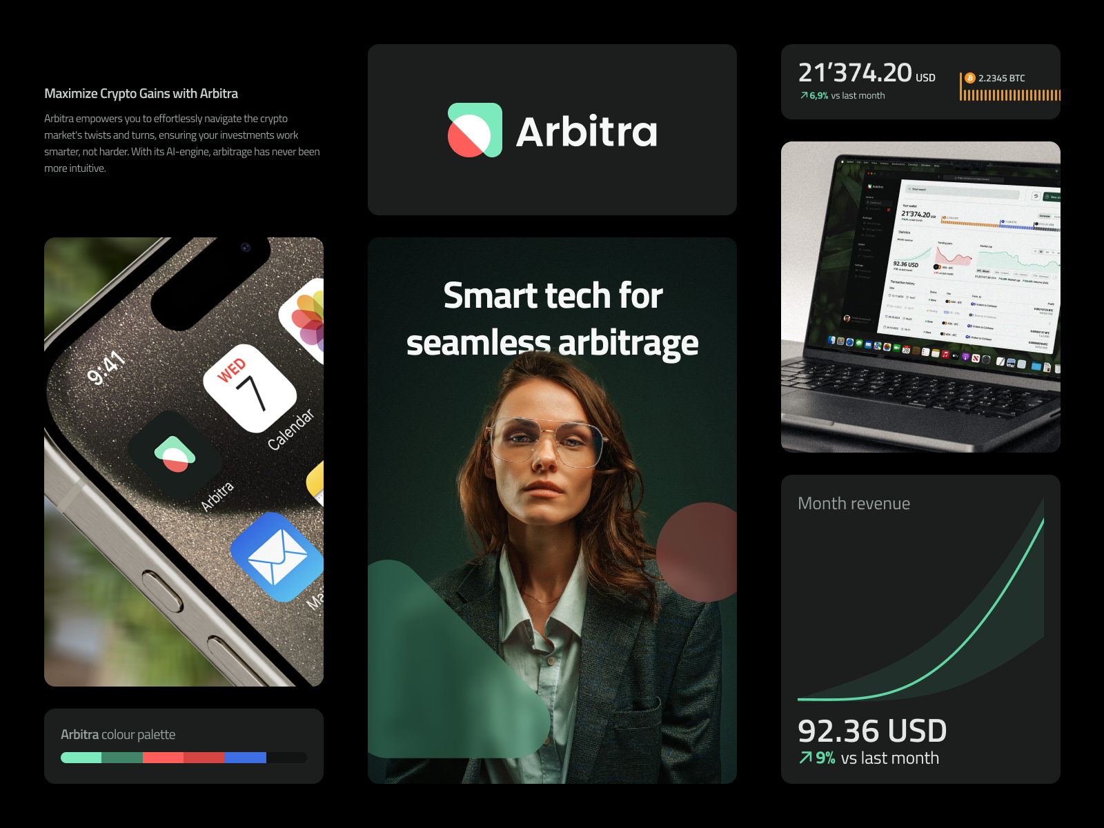 Arbitra branding ai arbitrage bento branding colours crypto cryptocurrency dashboard desktop exchange geometric ios logo minimalistic startup visual identity wallet