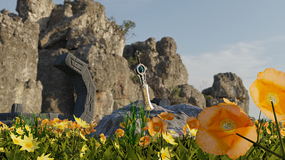 Fantasy Sword 3d 3d artist animation blender fantasy flowers game assets hdri lighting maya modeling rocks sword