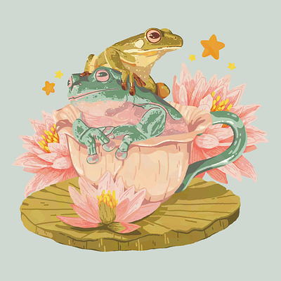 Frog Tea Party Illustration botanical digital illustration dreamy illustration floral frogs illustration lilypad nature procreate teatime whimsical