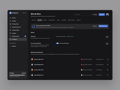 Security settings — Untitled UI cyber security cybersecurity dark mode dark ui darkmode minimalism nav navigation preferences saas security settings sidenav table tabs ui design user interface