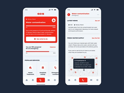 GCS Emergency Alert - mobile app attention box cards contacts contamination crisis management emergency emergency numbers home treatment hospitals nearby map mobile app navbar news notification real time alerts safety slider swipe tabbar water supply