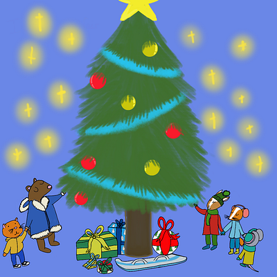 Rocking around the Christmas tree animals christmas digital art illustration