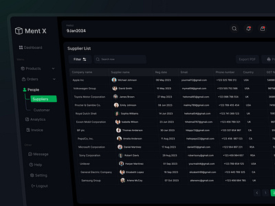 Suppliers list Dashboard Design - Inventory Management ai b2b b2c branding dark dashboard digital platform ecommerce figma graphic design landing page design mobile suppliers list ui uidesign uiux uxdesign web application