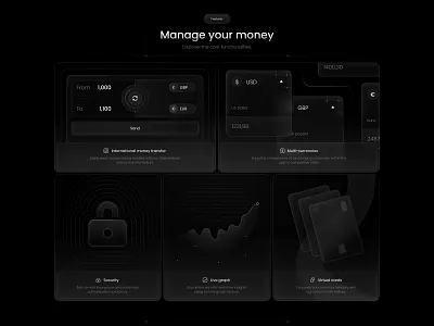 Bento section app bento bento grid components dark dark theme elements features grid minimal money transfer product design ui ux web