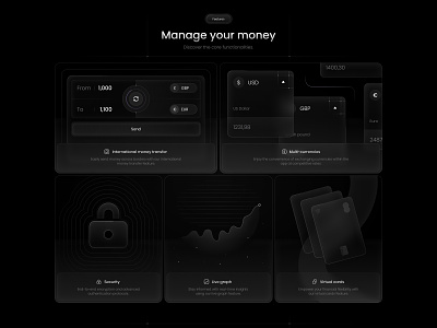 Bento section app bento bento grid components dark dark theme elements features grid minimal money transfer product design ui ux web