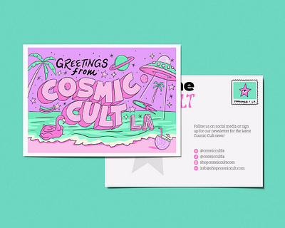 Cosmic Cult Postcard beach beach illustration branding colorful desert design funky hand lettering illustrated postcard illustration illustrator lettering outer space palm tree pink post card postcard illustration space space cowboy ufo