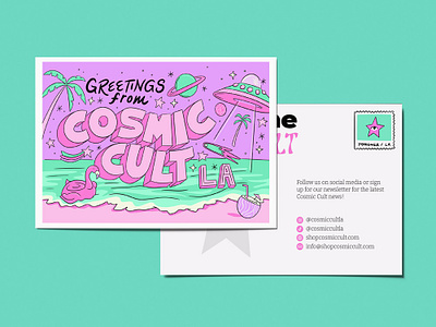 Cosmic Cult Postcard beach beach illustration branding colorful desert design funky hand lettering illustrated postcard illustration illustrator lettering outer space palm tree pink post card postcard illustration space space cowboy ufo