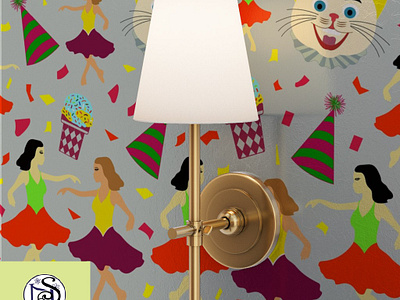 Colorful party cheerful motifs colorful sprinkles cone ice cream confetti explosion dancing girls decorative wall design fabric designer fun holiday home decor interior design kids maximalist party hat seamless pattern smiley cat textile pattern designer vector wallpaper design