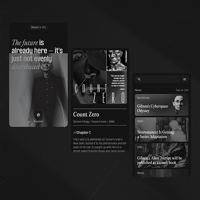Gibson v-2.1 : Mobile App Inspired by William Gibson's works alien app black and white books books app branding brutalism cyberpunk gibson goodreads graphic design mobile monochrome neuromancer pangram redesign typography ui ux william gibson