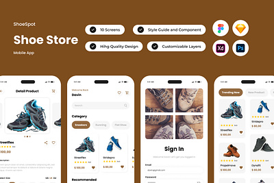 ShoeSpot - Shoe Store Mobile App application commerce interface layout merchandise online parcel place retail screen shoe shop store ui user