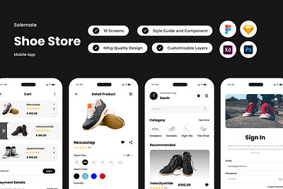 Solemate - Shoe Store Mobile App application commerce interface layout merchandise online parcel place retail screen shoe shop store ui user