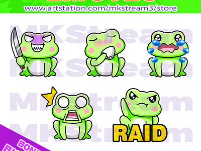 Twitch emotes cute frog sip, shock, evil, raid & cry pack animated emotes anime cry cute design discord emote emotes evil face frog frog emotes illustration knife logo raid shock sip sub badge toad twitch emotes