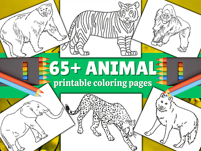 Animal coloring pages for kids, pdf printable for commercial use art illustration print