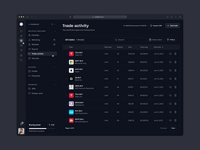 Trade activity — Untitled UI brokerage dark mode dark ui darkmode minimalism navigation product design saas side nav sidenav table ui design user interface