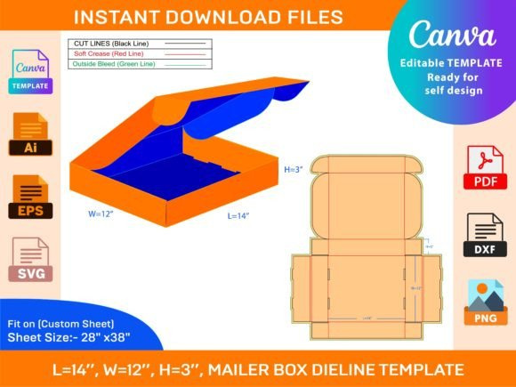 Corrugated Mailer Box 14x12x3'' Dieline