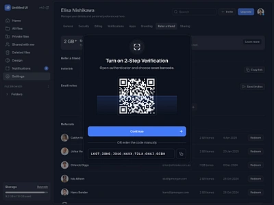 2FA modal QR code — Untitled UI 2 step verification 2fa authenticator dark mode dark ui darkmode dialog minimal modal pop up popup product design qr qr code table ui design user interface