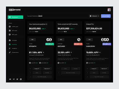 Onestake - Crypto Dashboard b2b conversion crypto cryptocurrency dark mode dashboard defi dipa inhouse farming crypto fintech investment modern pools product design prop firms saas startup swap trading web app