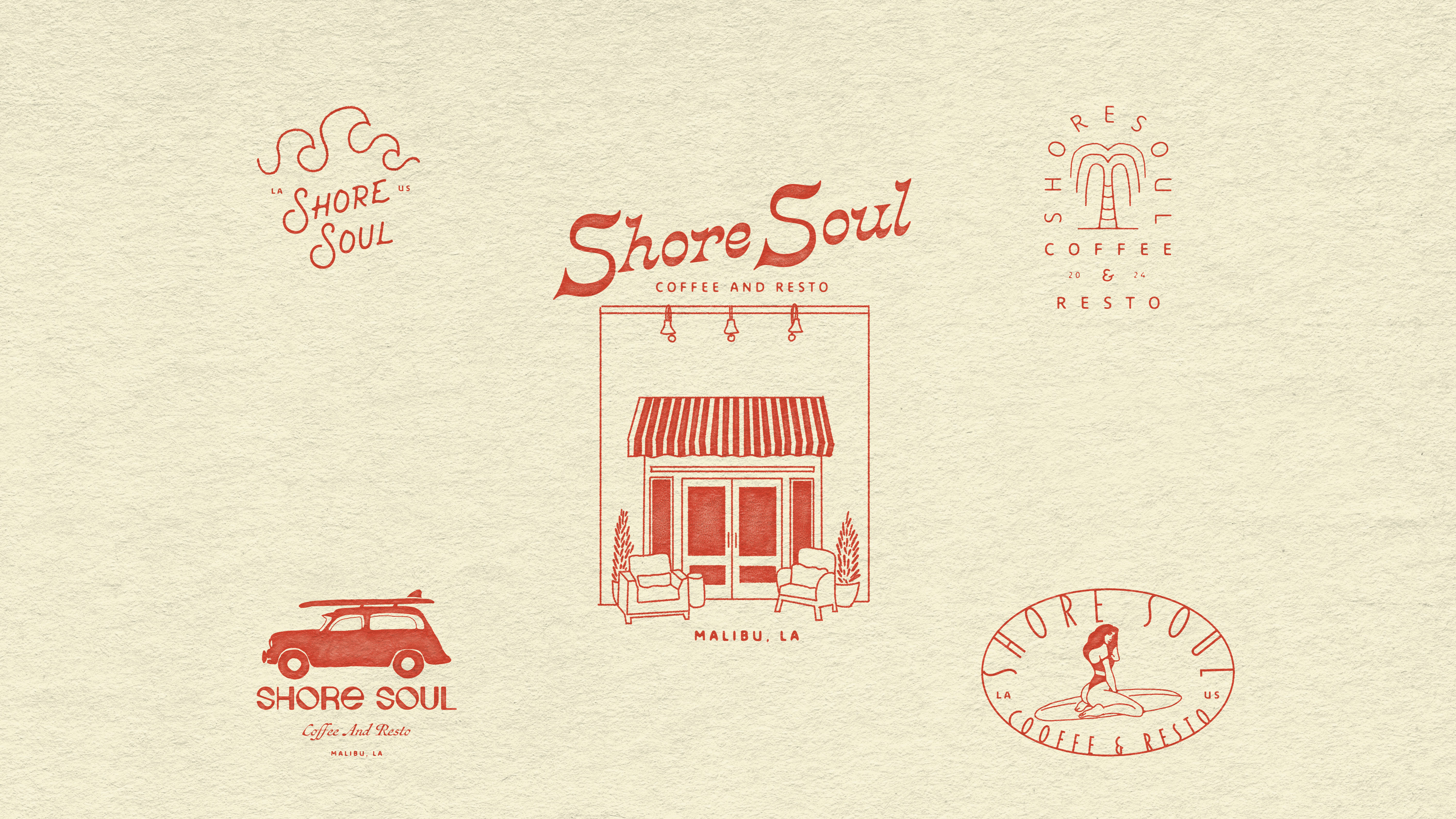 Shore Soul Coffee & Resto Branding artwork beach brand identity branding design graphic design handcrafted handmade illustration lettering logo logotype restaurant retro seaside summer surfing typography vector vintage
