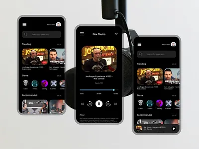 Mobile podcast application app design dark theme listen podcast live stream app mobile application mobile podcast app mobile streaming app modern play podcast play videos podcast app stream ui ux video app you tube podcast