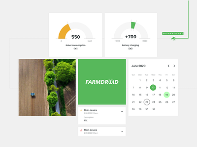 FarmDroid - widgets from a sustainable field robot app agricultural agritech automation robotics calendar charts combine harvester crops date picker donut chart farmland green branding innovations mobile app remote management robotics robots smart farming statistics sustainable farming widgets