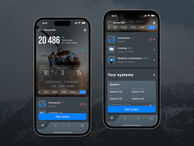 Skydiving.zone — mobile app account app cards case charts dark theme design futuristic icons main page mobile profile skydiving sport statistic ui ux