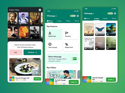 Whatsapp Status Saver - Mobile App UI UX Design mobile app mobile app ui saver status status saver status saver app ui design whatsapp